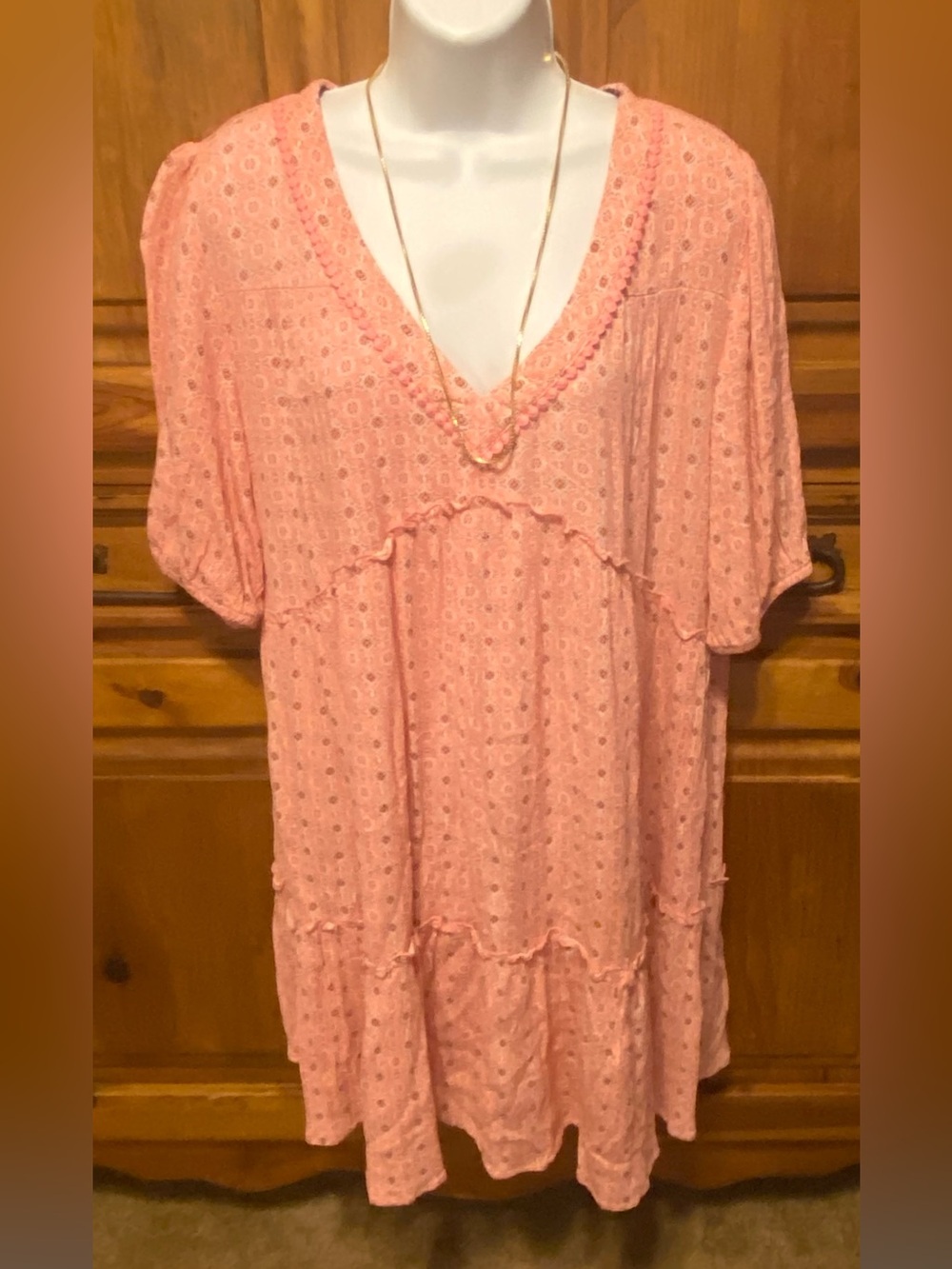 Knox Rose Coral Pink Eyelet Tiered Mini Dress Boho Cottagecore Whimsical sz lg